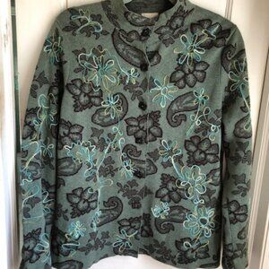 SIGRID OLSEN PL Green Sweater Jacket Cardigan Embroidered Artsy Buttons Cotton